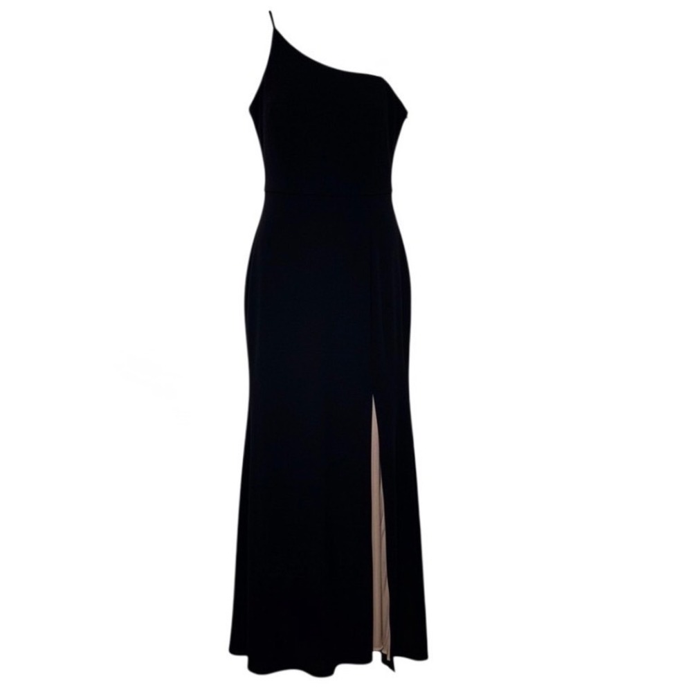 Xscape One Shoulder Formal Maxi Gown 10 Black Pink Satin Lined Slit Dress NWT